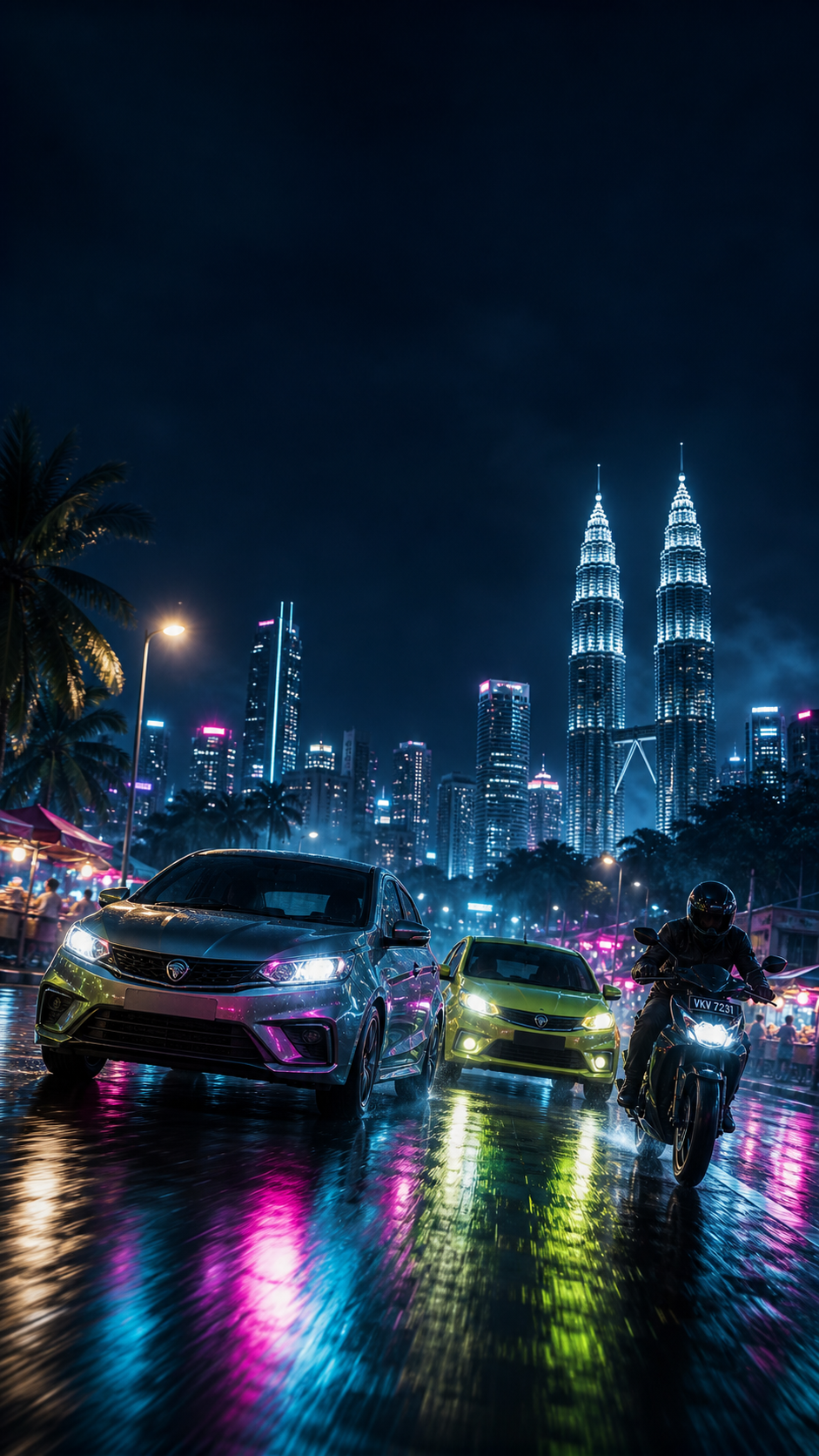 Cinematic Kuala Lumpur night race with Malaysian cars and motorcycle